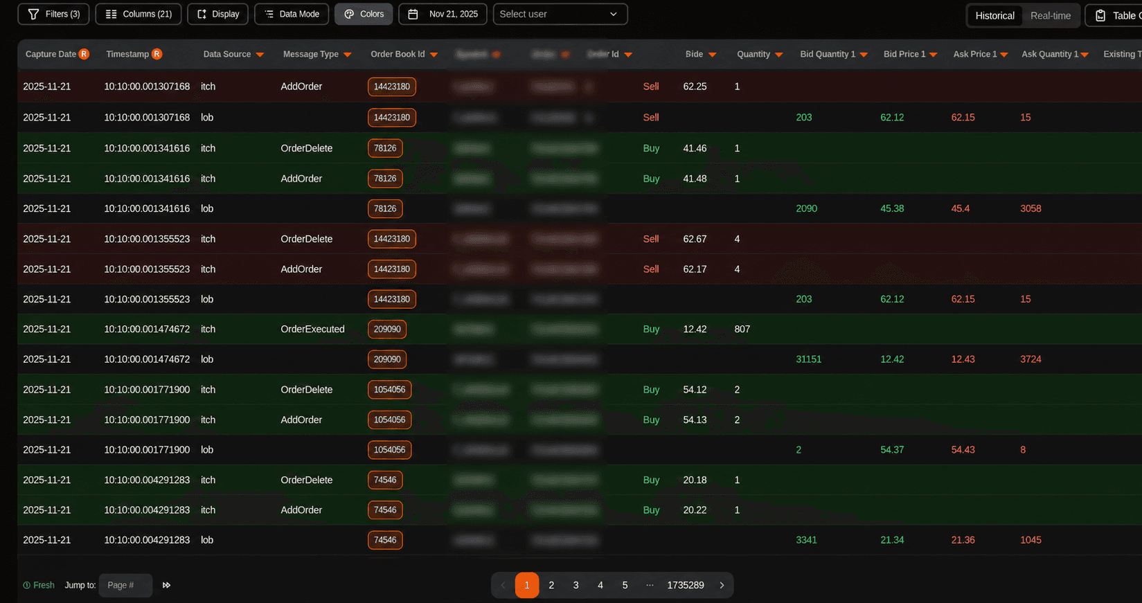 The firehose — live ITCH message log & orderbook state