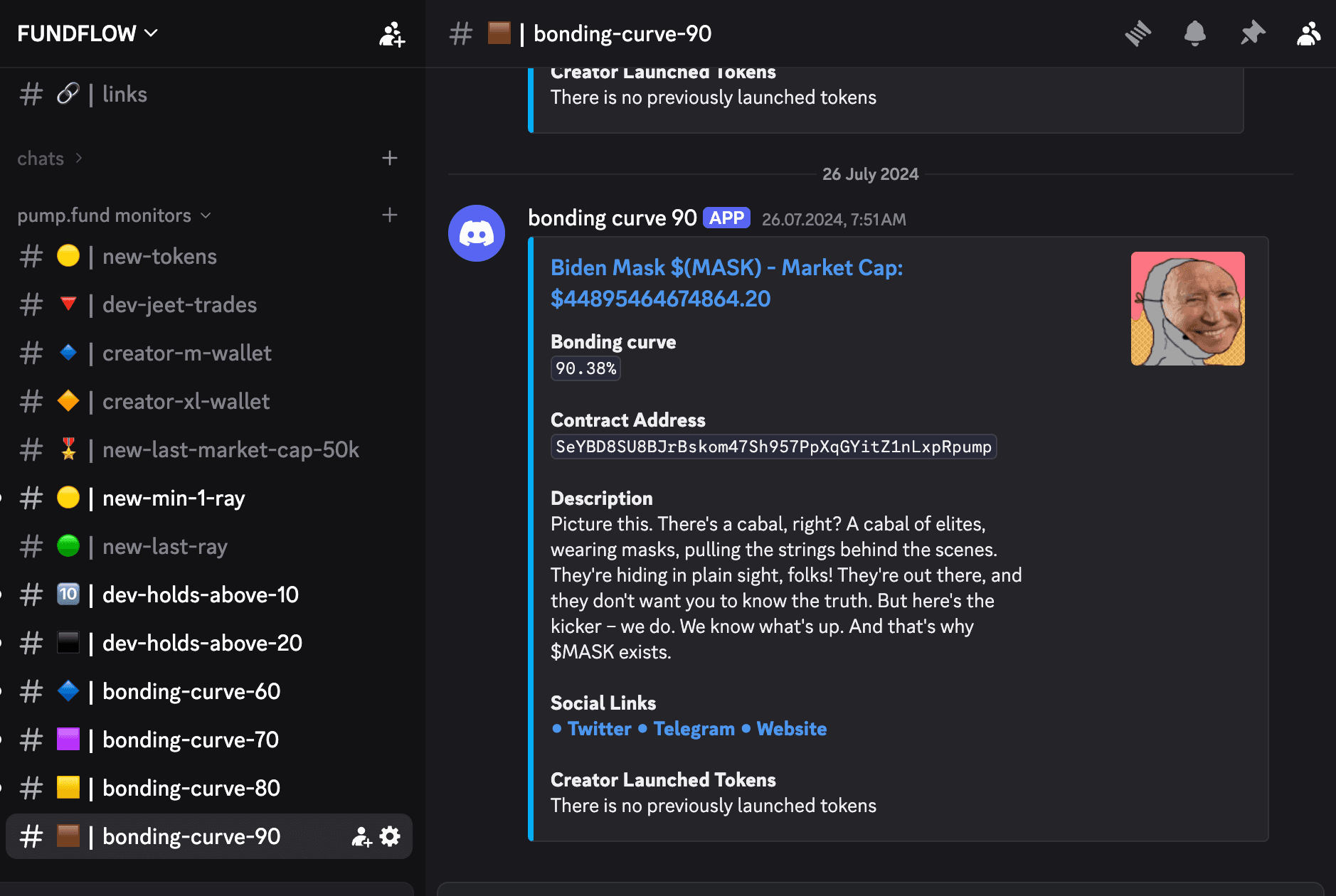 Discord embed — token + creator history