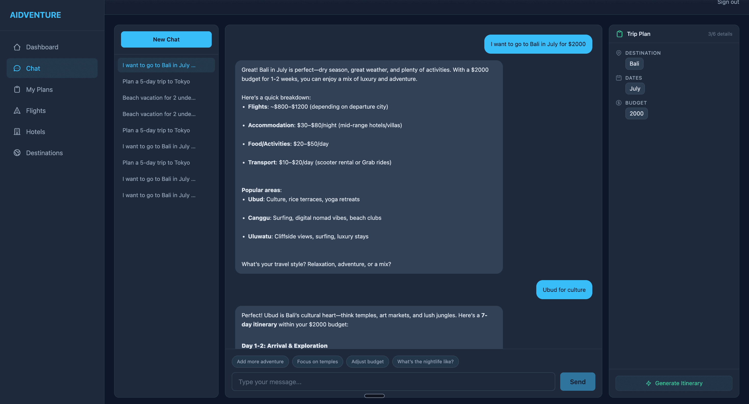 AI chat — trip planning conversation